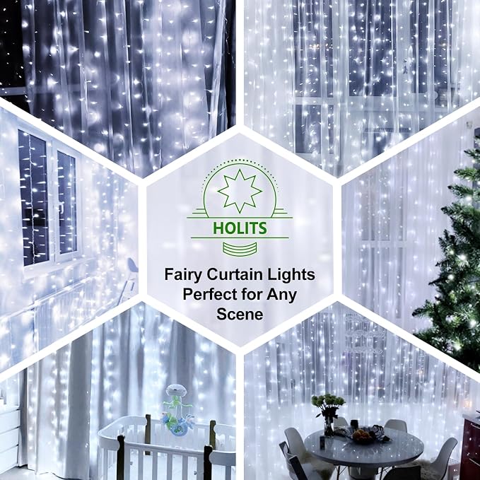 2 Pack 300 LED Fairy Curtain Lights, 9.8 x 9.8FT White USB Plug in 8 Modes String Hanging Lights with Remote for Christmas, Bedroom, Indoor, Outdoor, Weddings, Party (Cold White)