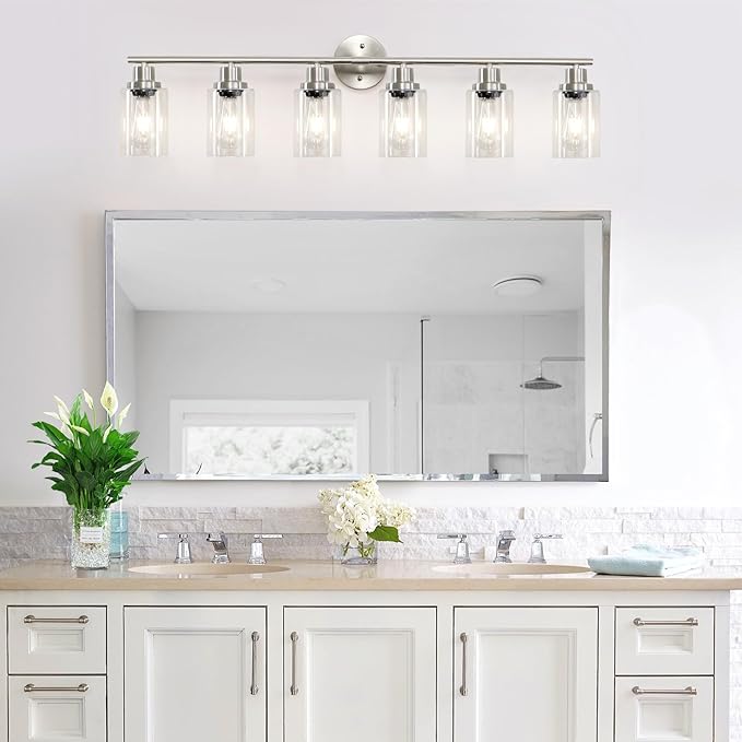 6-Light Nickel Bathroom Vanity Lights, E26 Modern Bathroom Light Fixtures with Clear Glass Shade, Wall Lamps for Mirror Hallway Kitchen Cabinet Living Room Sconces Lights