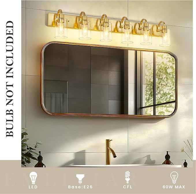 Emliviar Large 6-Light Vanity Lighting for Powder Room, 44.7 Inch Wall Lamp Over Mirror with Clear Glass Shade, Brushed Gold Finish, YCE237B-6W BG