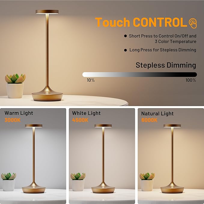 YHT Cordless Rechargeable Table Lamp - 6000mAh Outdoor LED Battery Operated Table Light - Portable Waterproof Dimmable Table Lamps for Restaurant Dining Bedroom Bars Home Patio (Brown 2P)