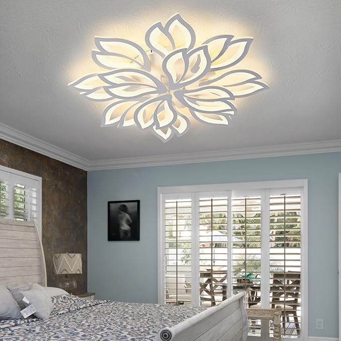 Modern Ceiling Light with APP & Remote Control, Dimmable LED Flush Mount Chandelier with 3-Color, White Acrylic Flower Ceiling Light Fixture for Living Room Dining Room Bedroom Kitchen-12-Leaves