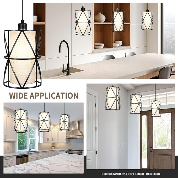 Matte Black Pendant Light, Adjustable Height Island Lights for Kitchen with Linen Shade, Modern Kitchen Pendant Lighting Over Island, Dining Room, and Living Room