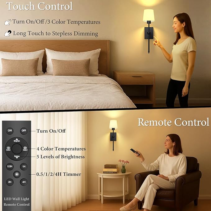iThird Rechargeable Battery-Operated Wall Sconces Set of 2: Black Wireless Wall Lights with Touch and Remote, 6000mAh Battery Powered Scone Lighting Cordless Wall Lamp for Bedroom Living Room Hallway