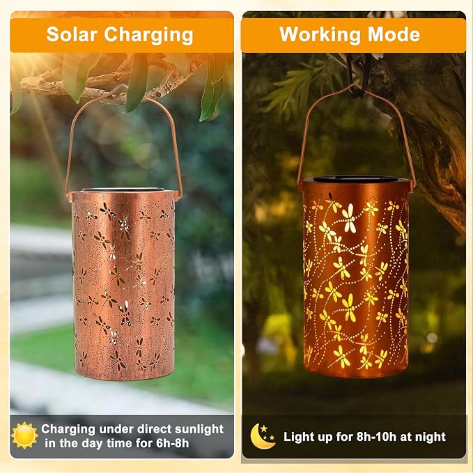 Dragonfly Solar Lanterns Outdoor Waterproof Hanging Lights, Dragonfly Garden Decor Gifts for Women Mom Grandma, Metal Decorative LED Solar Lanterns for Yard Patio Porch Balcony Garden Decor