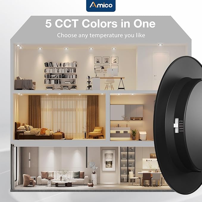 Amico Recessed Lighting 5/6 Inch, 12 Pack 5CCT Flat LED Can Lights, 2700K/3000K/4000K/5000K/6000K Selectable,12W Eqv 110W, 1050LM Brightness, Retrofit Installation - ETL & FCC, Black