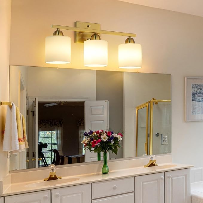 Mecgirn Stainless Steel Milk Glass Vanity Lights for Bathroom, 3 Light Gold Bathroom Light Fixtures Over Mirror, Ceramic E26 Sockets Wall Mounted