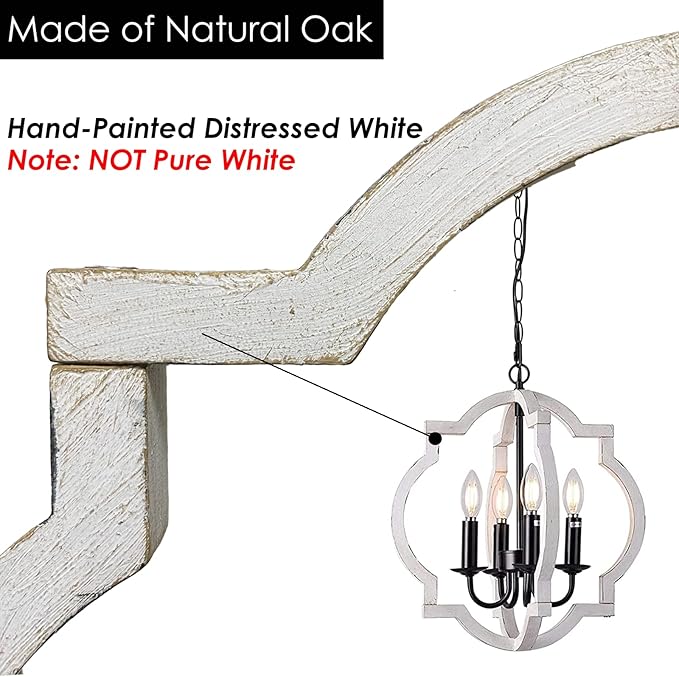 Plug in Chandelier with 16.4ft Cord,On/Off Switch,Orb Wood Farmhouse Light fixtures,Outdoor Chandelier for Gazebo, Kitchen Island Dinning Foyer Entryway,4-Light White Color