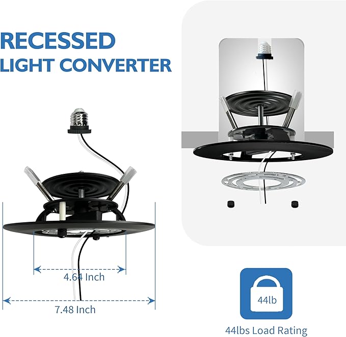 Jolux 5/6" Black Instant Recessed Can Light Conversion Kit, No Tool Needed, Can to Pendant, Ceiling & Hanging Light Upgrade Converter, Front & Side Mount, Kitchen Bedroom Livingroom Hallway, 1 Pack