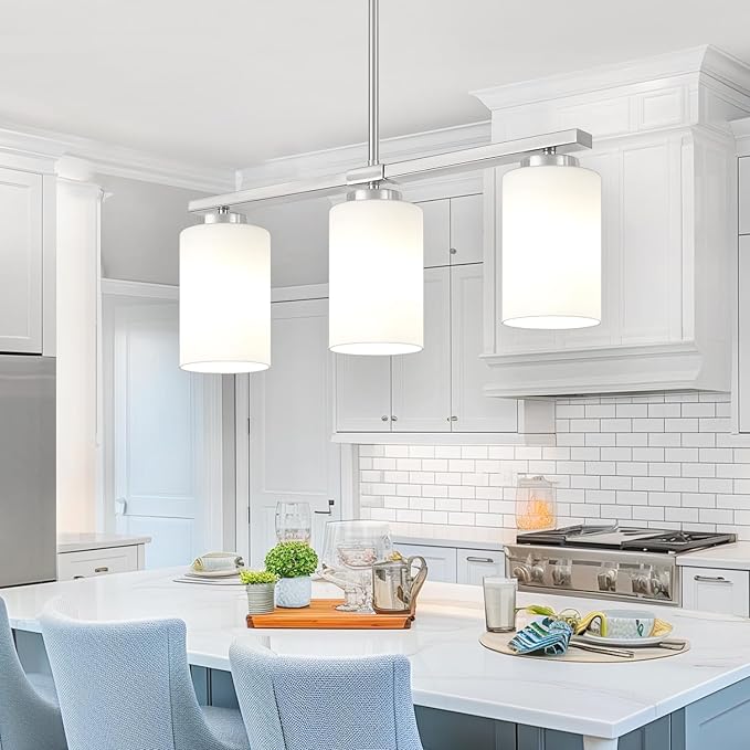 Brushed Nickel Island Lights for Kitchen, 3-Light Dining Room Light Fixtures Modern Linear Chandeliers Over Table White Frosted Glass Adjustable Hanging Lights Kitchen Pendant Lighting Over Island