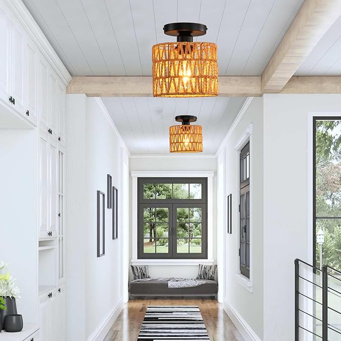 Ceiling Light Fixture,Hand-Woven Rattan Flush Mount Ceiling Light,Farmhouse Light Fixtures Ceiling Mount Boho for Hallway Bedroom Kitchen Entryway Living Room