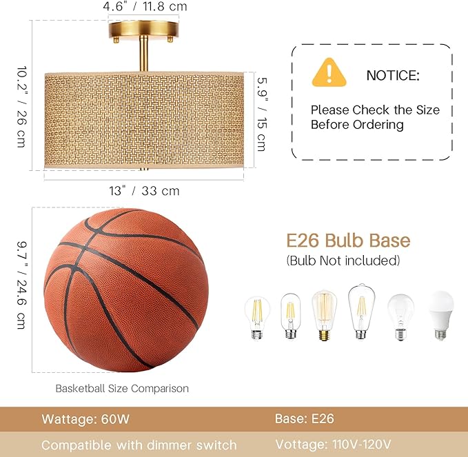 13" Woven Rattan Boho Ceiling Light Fixture, 3-Light Modern Semi Flush Mount Lamp with Drum Fabric Shade, Rustic Brown Lighting for Bedroom, Dining Room, Living Room, Hallway, Entryway