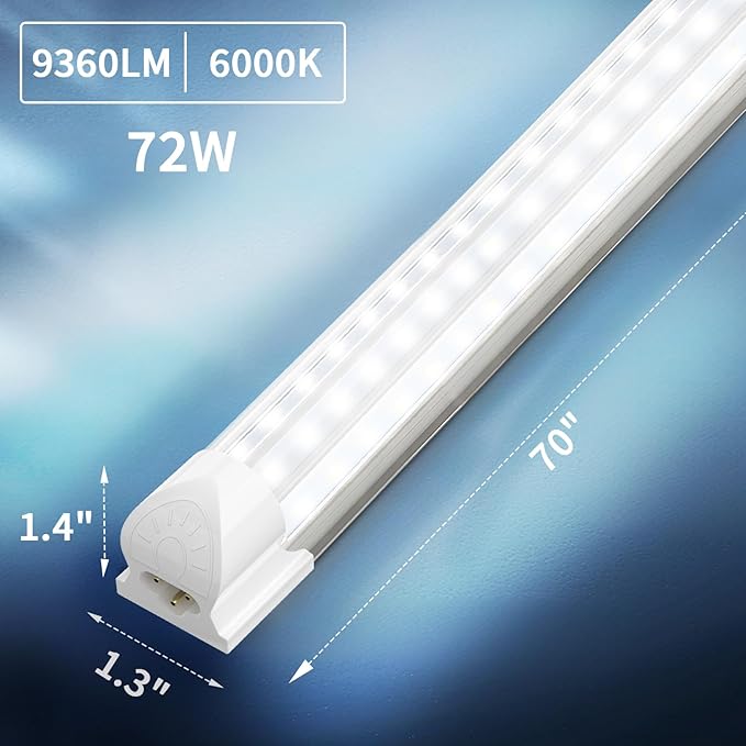 SHOPLED 6FT LED Shop Light, D-Shape 72W 9360LM 6000K Cool White, Linkable T8 LED Tube Light Fixtures, 6 Foot LED Shop Lights for Garage, 4 Pack