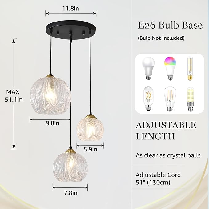 3-Light Clear Glass Pendant Light, Globe Shade Hanging Chandelier, Hand Blown Glass Ball Pendant Light Fixtures for Kitchen Island, Staircase, Dining Room, Living Room, Bedroom