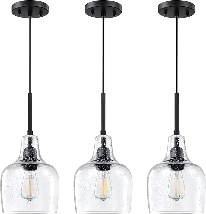 3 Pack 1 Light Indoor Hanging Kitchen Island Pendant Ceiling Light 6.1" Clear Seeded Glass Fixture,Black Finish for Farmhouse Over Sink Bedroom Hallway
