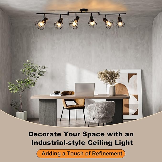 LTBLIGHT 6-Light Track Lighting Fixtures Ceiling, Adjustable Track Light Fixture, Black Metal Wire Cage Farmhouse Spotlight for Kitchen, Bedroom, Hallway, E26 Base(Bulbs Not Included)