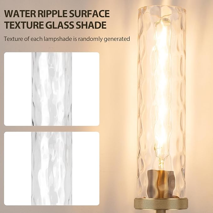 15" Knurled Brass Wall Sconce with Water Ripples Glass Tube, Gold Bathroom Vanity Light Fixtures, Modern Lamp Lighting for Bedroom, Living Room, Hallway, Staircase, Mirror, Kitchen