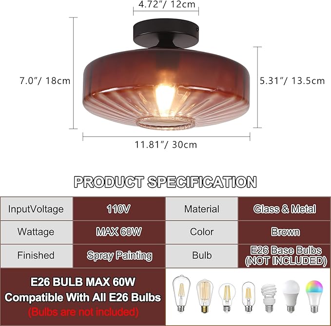 Mid Century Ceiling Light, 11.8 Inches Glass Semi Flush Mount Ceiling Light Retro Small Chandelier Mid Century Vintage Modern Coffee Glass Overhead Lighting E26