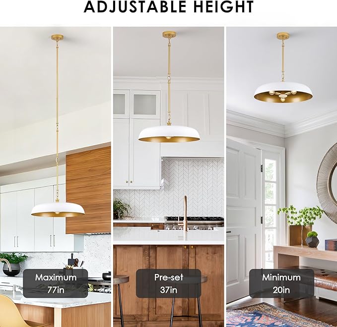 Large Pendant Light 20in White and Gold Dome Pendant Lights 3 Light Socket Pendant Light Fixture with Adjustable Pendant Lighting for Kitchen Island Dining Room Kitchen Sink, E12