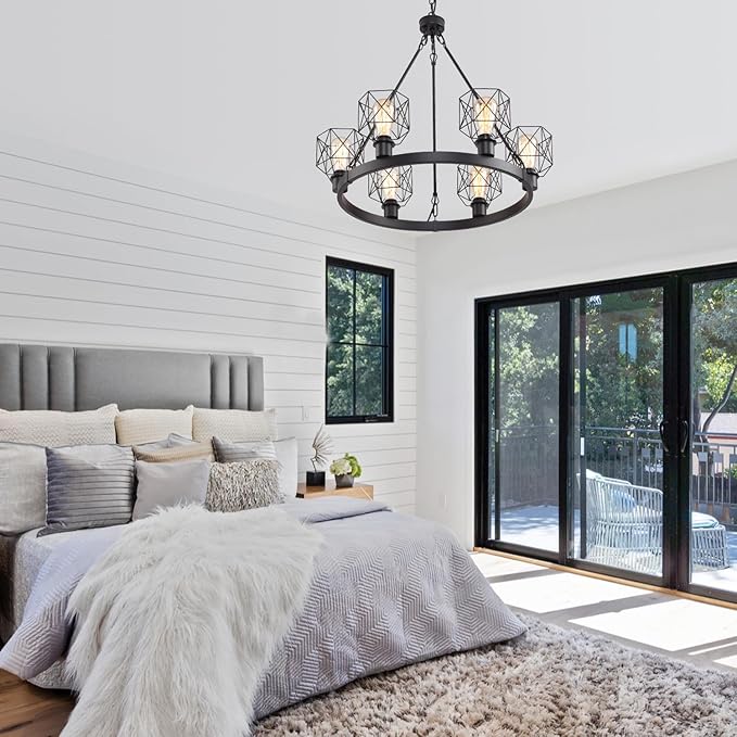 Wagon Wheel Chandelier Modern Farmhouse Pendant Light,Black Farmhouse Chandelier, 6-Light Wagon Wheel Chandelier with Adjustable Height, Dining Room Light Fixture, Hanging Lights