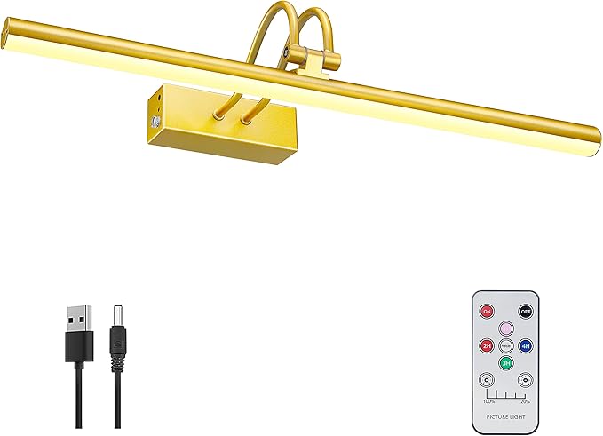 Picture Light, Cordless Picture Lights for Wall with Timer and Dimmable, 16 Inch Metal Battery Operated Wall Lights with 5000mAh Battery for Display Gallery Painting Art Frame Portrait - Gold