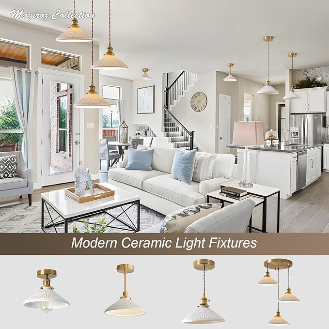 Modern Brushed Brass Pendant Lights Kitchen Island 2 Pack Mid Cenrury Milk Glass Hanging Light Fixture Vintage White and Gold Ceramic Pendant Light for Dining Room Bedroom Entryway MPL16D-2