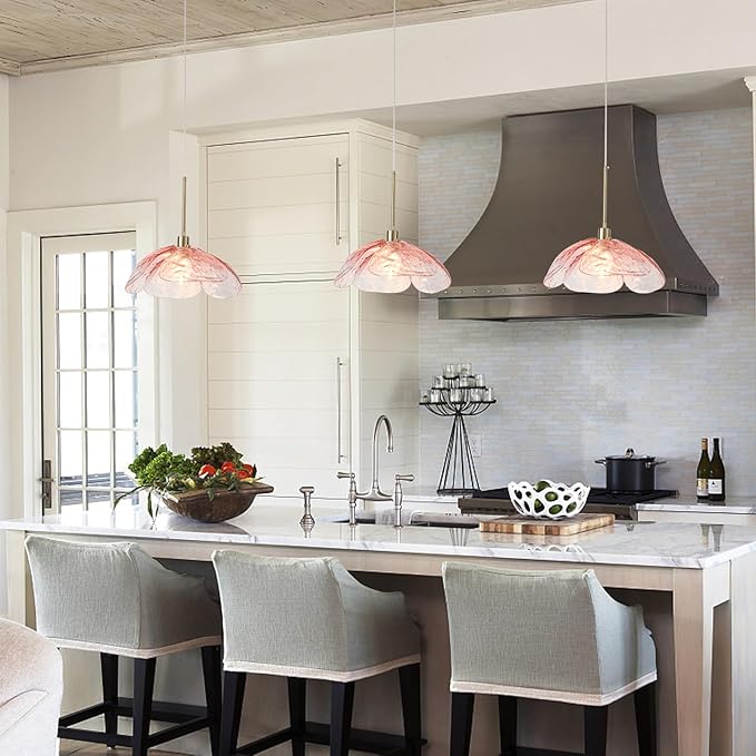 Pink Glass Pendant Lights Kitchen Island, 14'' Vintage Hanging Light Fixtures with Hammered Glass Flower Shade, Brass Pendant Ceiling Light for Kitchen Sink Hallway Bedroom