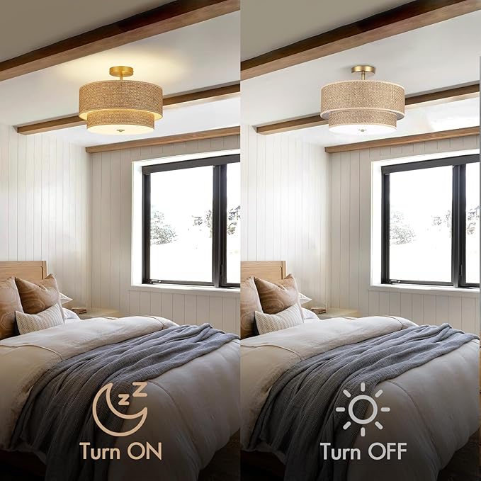 16 Inch Woven Rattan Linen Semi Flush Mount Ceiling Light Fixture, Modern Boho Drum Lamp for Bedroom, Kitchen, Dining Room, Living Room, Hallway, Entryway, Farmhouse Gold Wicker Chandelier