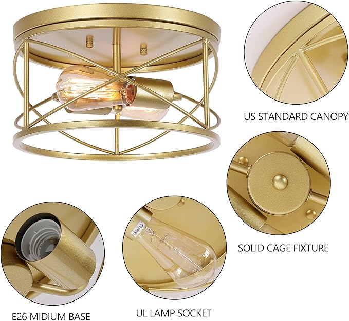 2-Light Flush Mount Ceiling Light Fixture, Industrial Modern Gold Ceiling Lamp, Vintage Farmhouse Light Fixture for Hallway, Bedroom, Dining Room, Living Room, Kitchen, Entryway