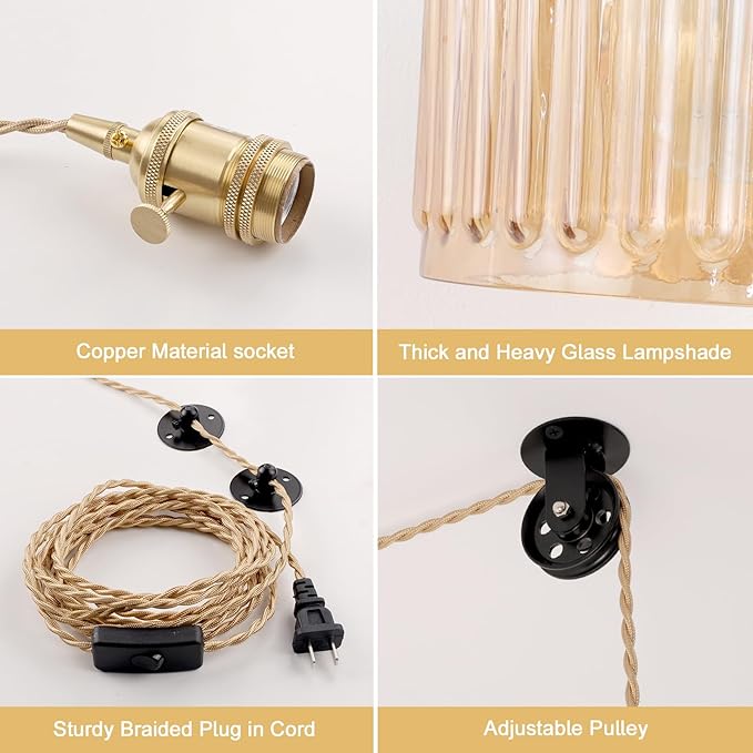 Shenmoyl Plug in Pendant Light Hanging Light Fixture Corded On/Off Switch Brass Pendant Light with Amber Striped Glass Lampshade for Bedroom Living Room Kitchen Island