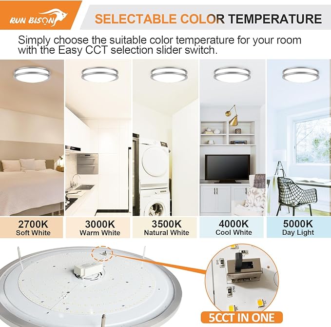 16IN Double Ring Flush Mount Ceiling Lights, 24W, 1900LM,with 5CCT 2700K-5000K Adjustable, Dimmable LED Ceiling Light Fixtures for Hallway, Bedroom, Kitchen, ETL Listed - 2PK