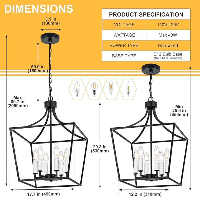 6-Light Large Classic Lantern Chandelier in Black, Height Adjustable Hanging Pendant Light Fixture for Kitchen Island Dining Room Foyer, E12 Bulb Base