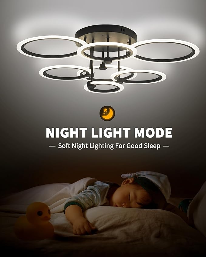 Smart LED Ceiling Light, 7-Ring Modern Flush Mount Fixture, 130W Dimmable 3000K–6500K, WiFi Alexa & App Control, Black Ceiling Light for Living Room Bedroom Kitchen (31.8")