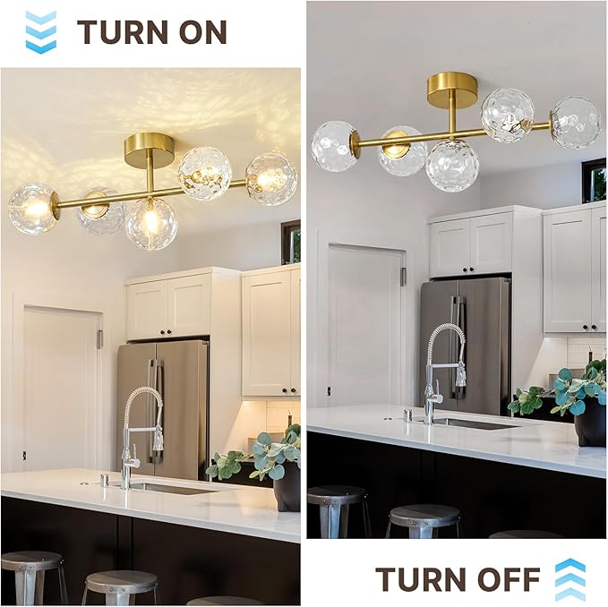 Modern Globe Glass Ceiling Light: 27 Inch Semi Flush Mount Light with Hammered Clear Glass Shade - 5 Lights Gold Ceiling Lighting Fixture - Dimmable Linear Chandelier for Bedroom Living Room Entryway