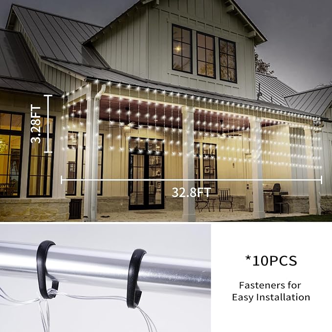 32.8 * 3.28FT Large Size Solar Curtain Icicle Lights Outdoor, 8 Modes Outdoor String Icicle Curtain Lights, Solar Christmas Garden Light for Patio, Gazebo, Eaves, Fence, Tree, Porch (White)