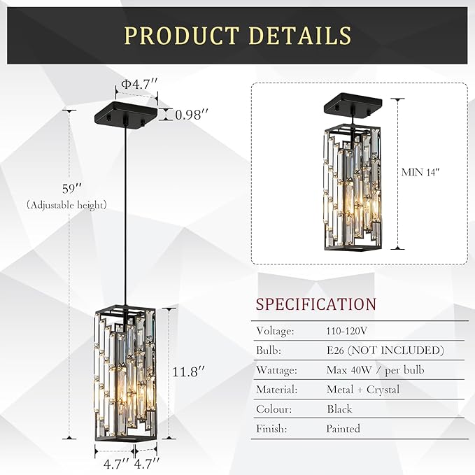 CATINER Black Crystal Pendant Lights 3 Pack, Mini Hanging Pendant Lighting Fixture with Adjustable Cord, Modern Kitchen Island Pendant Lights for Dining Room, Bedroom, Hallway, E26 Base