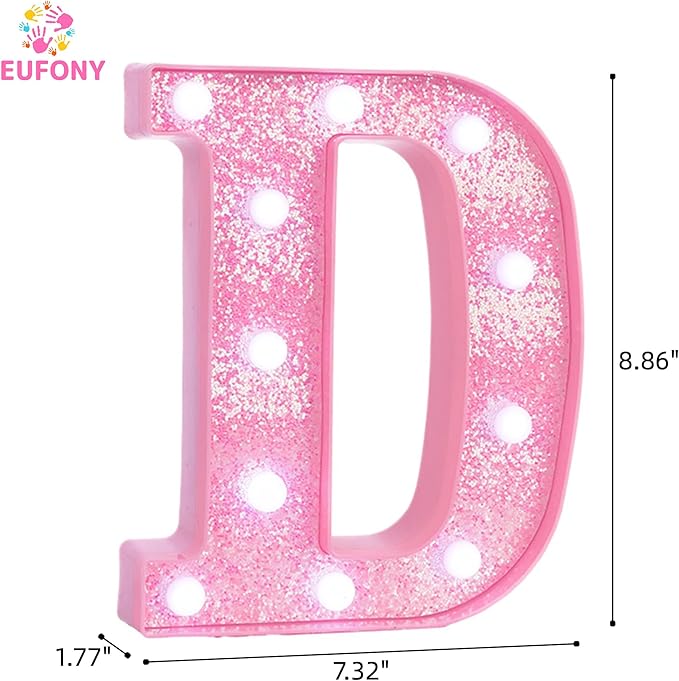 Pink Marquee Light Up Letters, Glitter Alphabet LED Letter Lights for Pink Birthday Party Decorations, Battery Operated Letter Sign for Girls Room Vanity Table Decor, Cool White Lights Letter D