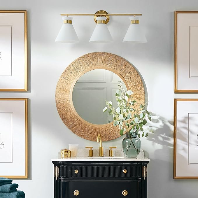 WOSHITU Bathroom Vanity Light Fixtures: 3-Lights Mid Century Modern Vanity Lights for Bathroom Over Mirror, Brushed Gold Wall Sconce Lighting with Frosted Milky Glass Shade for Bath Living Room