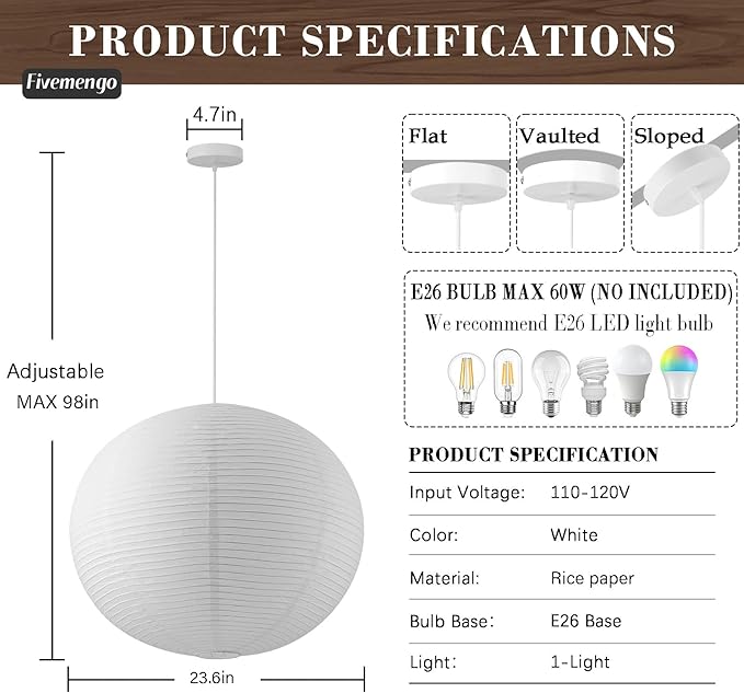 Large Rice Paper Pendant Light 2 Pack, 23.6in White Globe Paper Lantern Lights, E26 Base, Japanese Hanging Lantern Lamp Japandi Chandelier for Dining Room Bedroom Office Living Room