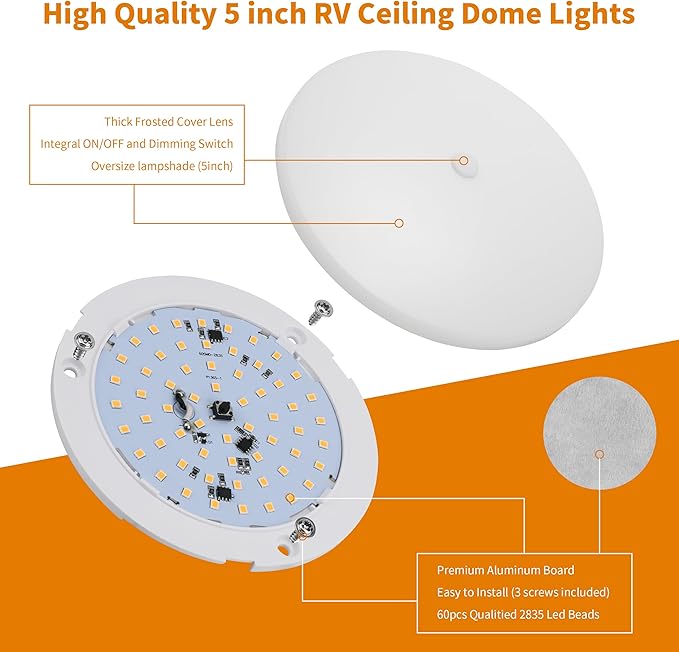 RVZONE RV Lights Interior, 5 Inch RV LED Ceiling Puck Light Dimmable 12 Volt LED Lights, 12V RV Puck Lights Led 4.5W Milky Frosted RV Ceiling Dome Light for Camper Van Trailer Boat
