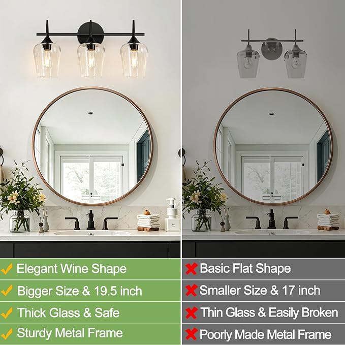 MOKATNG 3-Light Bathroom Light Fixtures, Black Vanity Lights for Bathroom with Clear Glass, 19.5 Inch Bathroom Lighting Fixtures Over Mirror, Modern Wall lamp for Cabinet Hallway