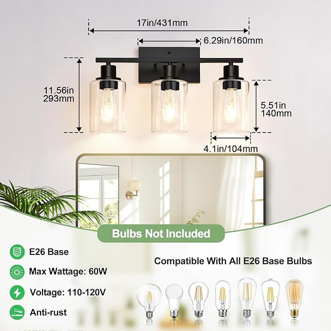 Indoi 3 Light Bathroom Light Fixtures, Matte Black Modern Vanity Lights with Clear Glass Shade, Bathroom Wall Lamp for Mirror Kitchen Living Room Hallway Cabinet Porch