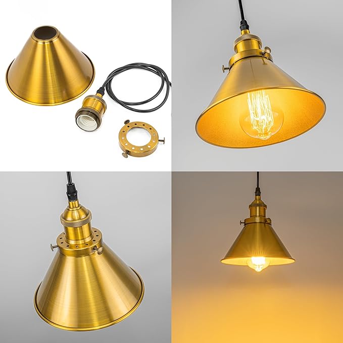 1x Plug in Cable Track Rail, 2X Adjustable Cord Gold Track Lighting Fixtures E26 Base H-Type Vintage Design for Kitchen Loft(No Bulb)