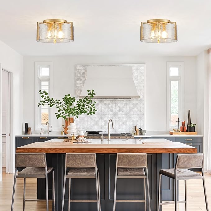 14.2“ Semi Flush Mount Ceiling Light Fixture Gold 3-Light Small Modern Water Ripple Chandelier Glass Light Fixture for Entryway Hallway Kitchen Dining Room Foyer Bedroom Laundry Hallway