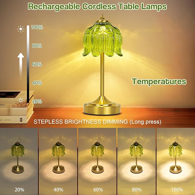 Cordless Lotus Flower Table Lamp, 5200mAh Rechargeable Battery Operated Portable Lamp, 3-Color Dimmable Touch Control Small Desk Lamp for Bedroom, Office, Kitchen, Nightstand,Room Decor(Green)