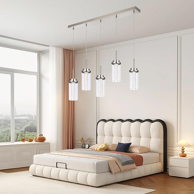 MELUCEE 5-Lights Led Chandelier, Kitchen Island Lighting Brushed Nickel Linear Chandelier with Clear Glass Shade, Large Pendant Lighting for Dining Room Over Table, 3000K-6000K Adjustable, 25W