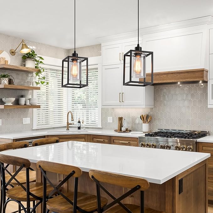 Black Pendant Lights for Kitchen Island Industrial Lantern Pendant Light Fixtures with Clear Glass Shade, Farmhouse Adjustable Height Hanging Pendant Lighting