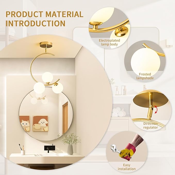 Hallway Light Fixtures, 3-Light Gold Semi Flush Mount Ceiling Light Fixture 3 Globe Glass lampshades, for Kitchen, Dining Table, Bedroom, Hallway, Entryway and Balcony
