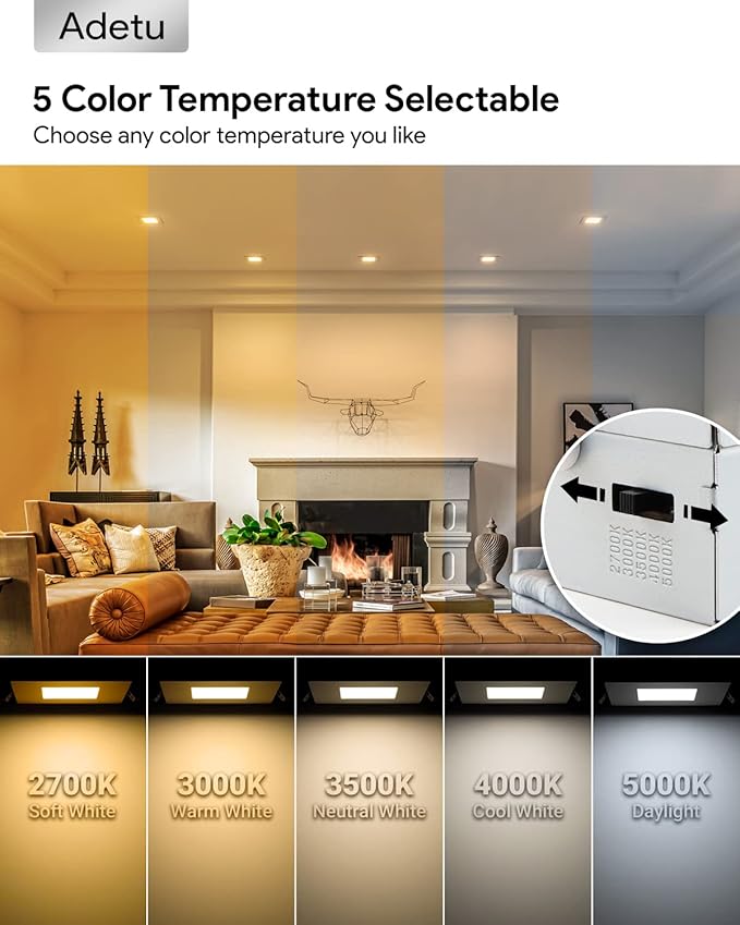 Adetu 6 Pack 6 inch Square Led Recessed Lighting Black,5CCT Ultra Thin Square Led Ceiling Light with Junction Box, 2700K/3000K/3500K/4000K/5000K Selectable,Dimmable,ETL and Energy Star Certified