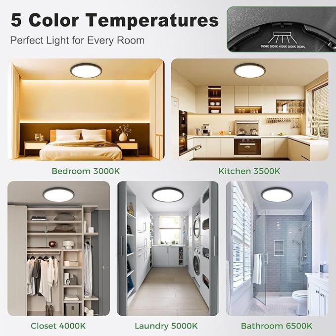 zemty 1Pack LED Flush Mount Ceiling Light, 9Inch 18W Dimmable Ceiling Lights Fixture, 5 Color Temperatures (3000K-6500K) Black Round Ceiling Lamp for Bedroom, Kitchen, Hallway,Bathroom