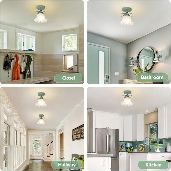 Flower Semi Flush Mount Ceiling Light Fixture, Vintage Lily-Of-The-Valley Bathroom Light Fixtures Ceiling Mount, Small Hallway Ceiling Light For Kitchen Sink Closet Laundry Bedroom (Bulb Included)